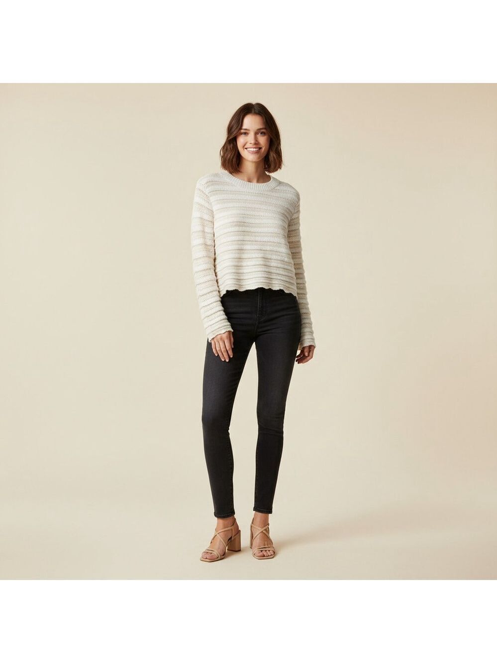 Ophelia Roe Cream Striped Cropped Bell Sleeve Knit Sweater XL